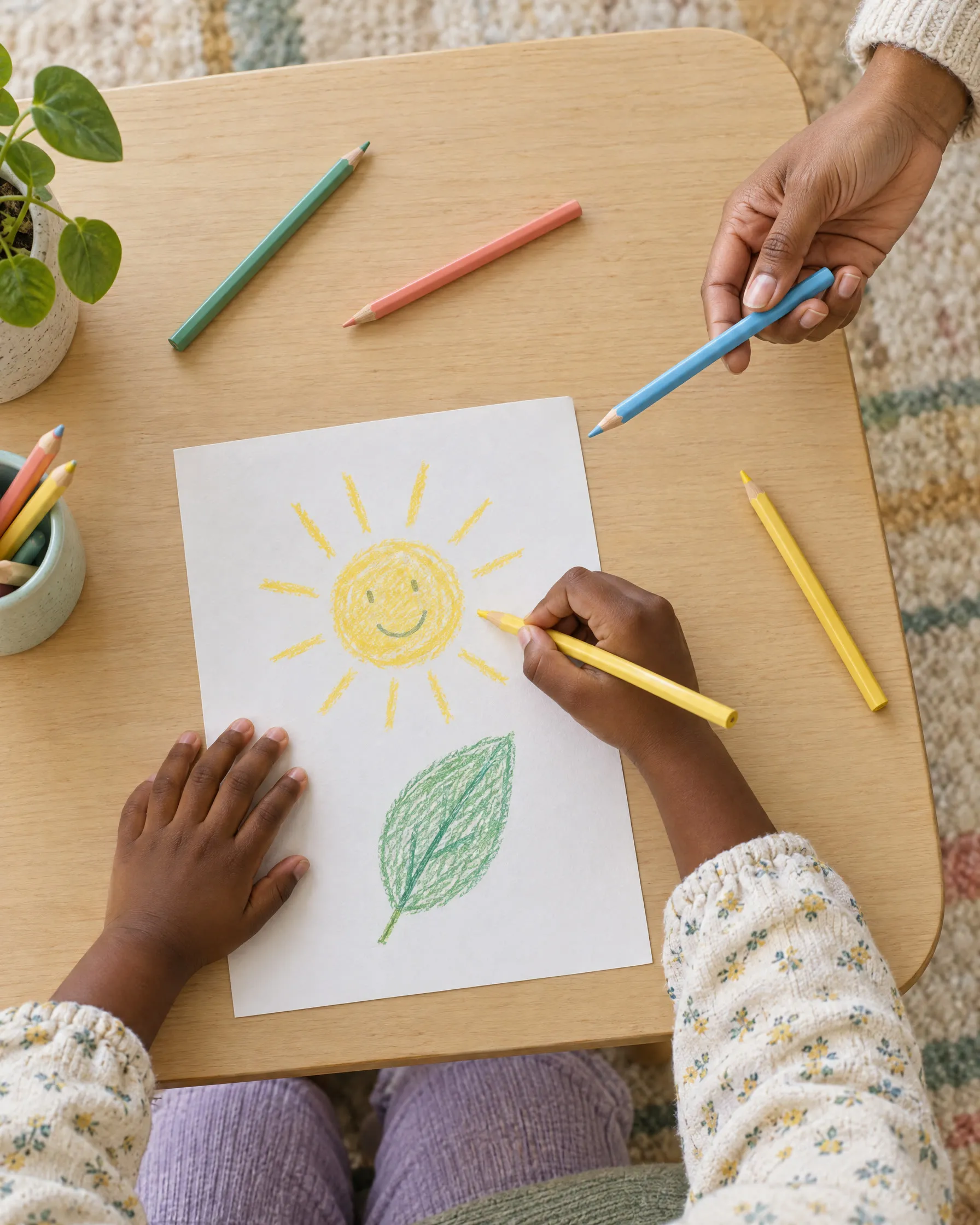 Des mains d'enfant dessinent un soleil et une feuille aux crayons de couleur.