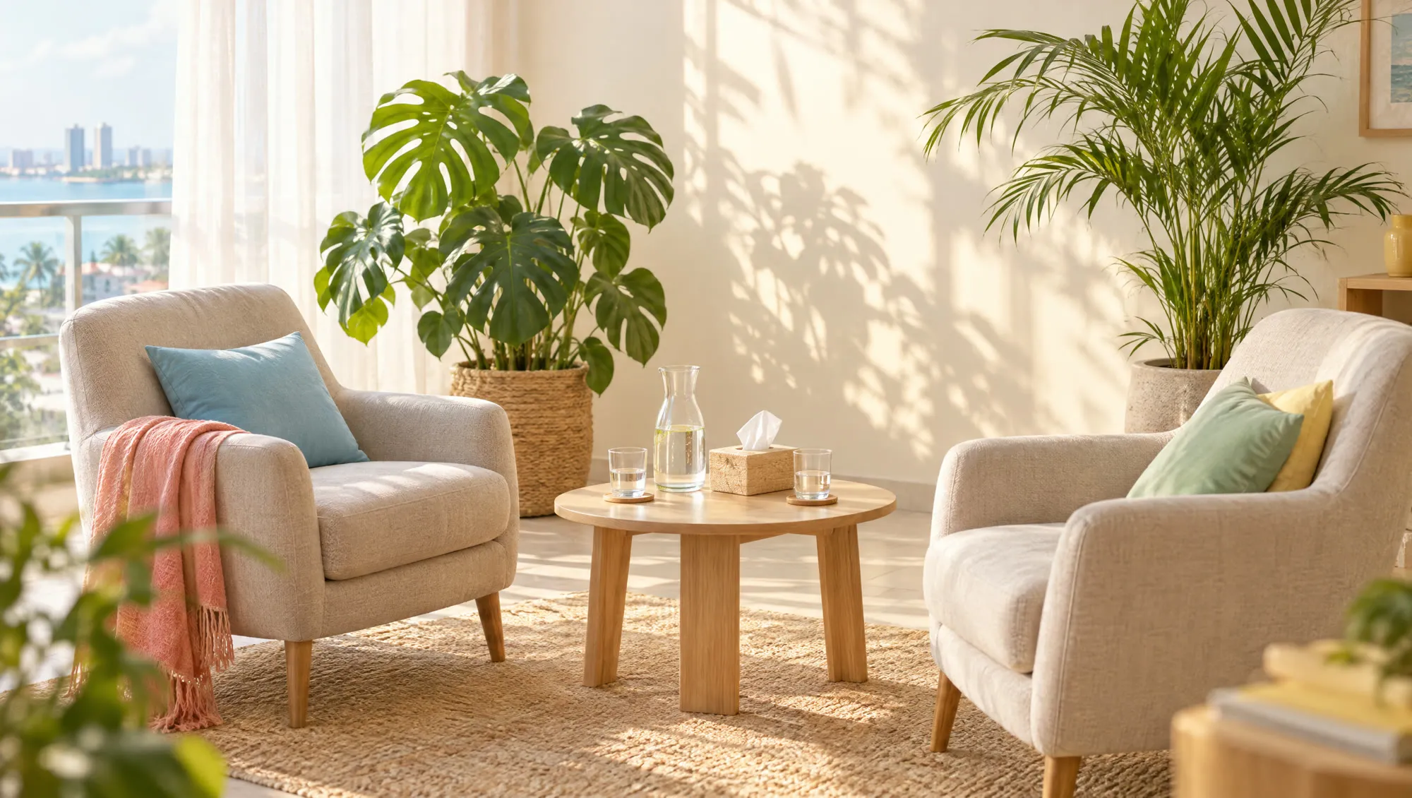 Un espace lumineux et apaisant : deux fauteuils face à face, des plantes vertes et des coussins aux tons pastel.