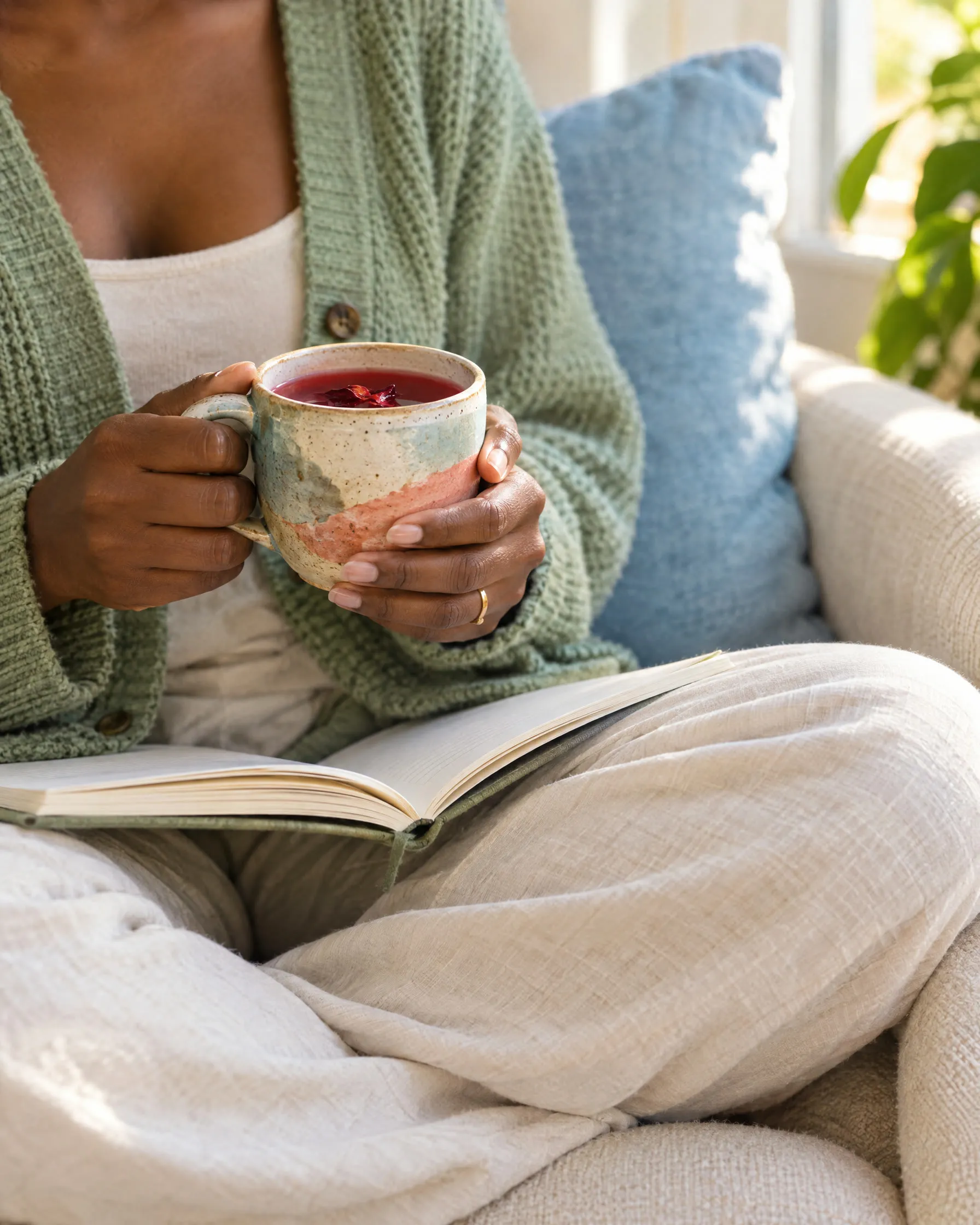 Une femme tient une tasse de thé, un carnet ouvert sur les genoux, dans un fauteuil baigné de lumière.